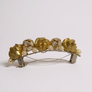 Vintage Colette Malouf Gold Rose Crystal‎ Pearl Barrette Clip Made in France